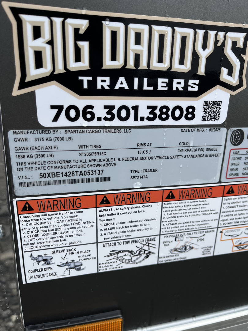 New 2026 Spartan 7X14 Enclosed Trailer, Polycor Exterior, Tandem Axle, StableDeck, 7K GVWR