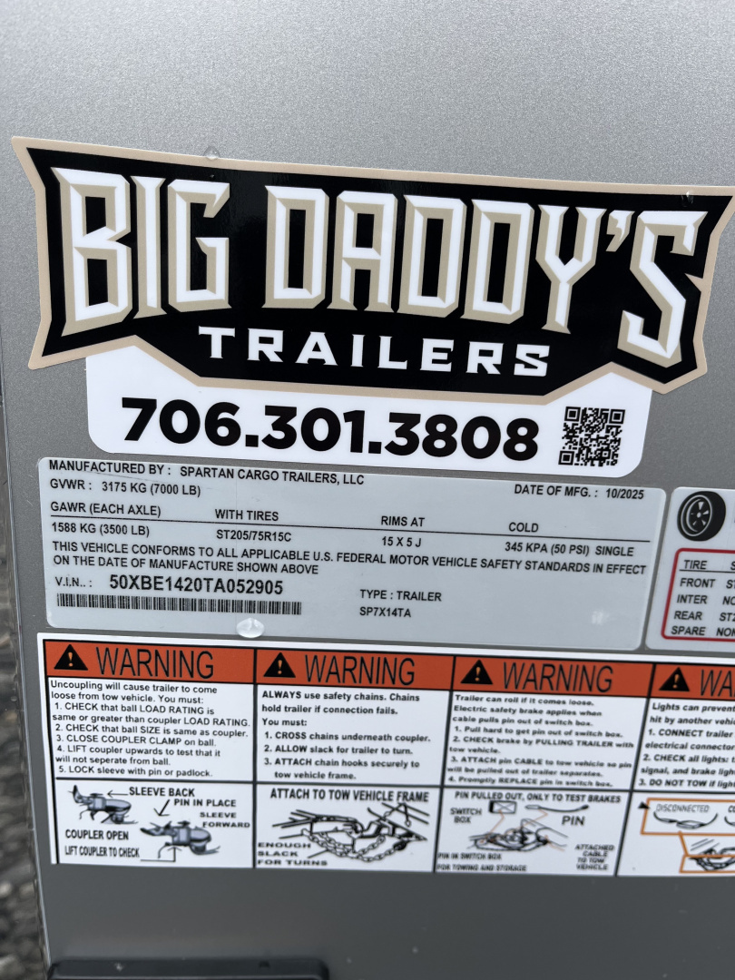 New 2026 Spartan 7X14 Enclosed Trailer With 7' Interior, Polycor Exterior, Tandem Axle, StableDeck, 7K GVWR