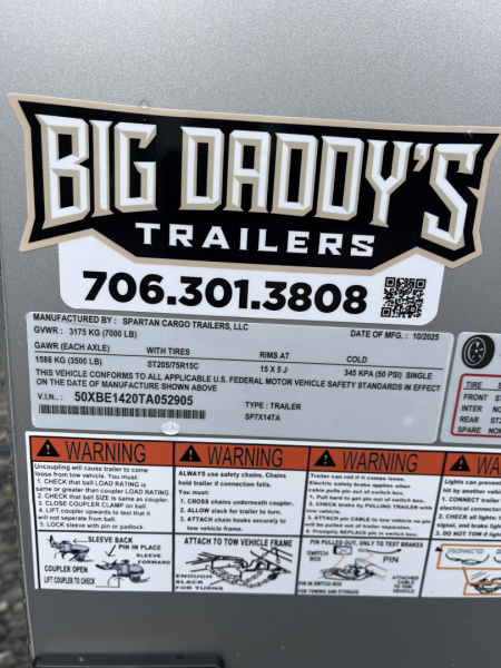 New 2026 Spartan 7X14 Enclosed Trailer With 7' Interior, Polycor Exterior, Tandem Axle, StableDeck, 7K GVWR