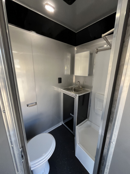 New 2026 Haulmark 34 Bathoom Race Trailer, Air Prep PKG, Awning, Polycor, Insulated, Window, 54" ALX Slide Out Step, A/C + Heat