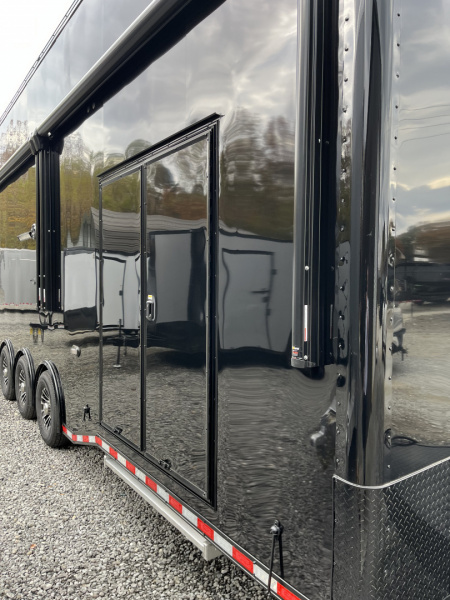 New 2026 Haulmark EDGE ALUMINUM 28 Stacker Race Trailer, Finished Race Interior, 21K GVWR, Awnings, Lift, Premium Escape Door