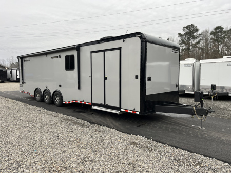 New 2026 Haulmark 34 Bathoom Race Trailer, Air Prep PKG, Awning, Polycor, Insulated, Window, 54" ALX Slide Out Step, A/C + Heat