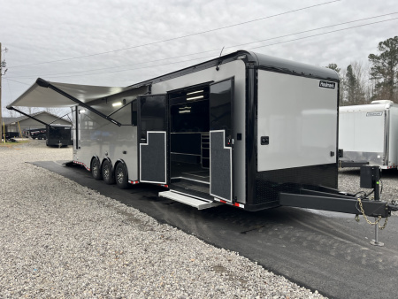 New 2026 Haulmark 34 Bathoom Race Trailer, Air Prep PKG, Awning, Polycor, Insulated, Window, 54" ALX Slide Out Step, A/C + Heat