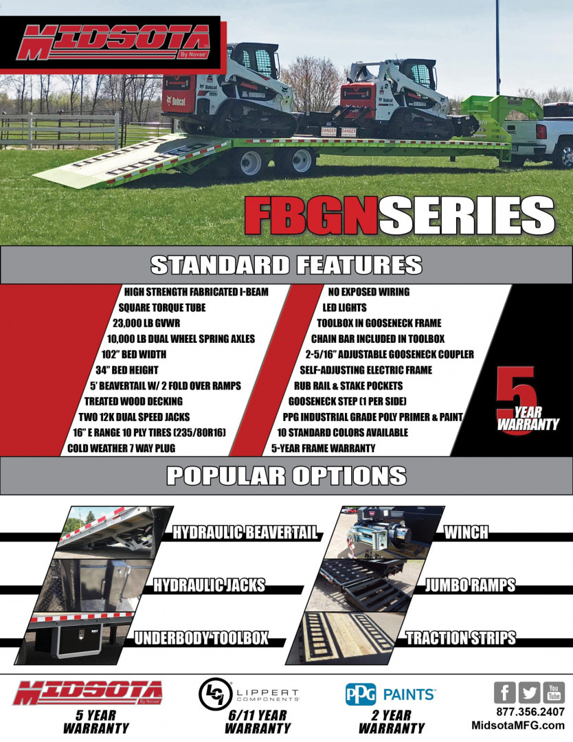 New 2026 Midsota 36' Gooseneck Hydraulic Tail Flatbed Trailer