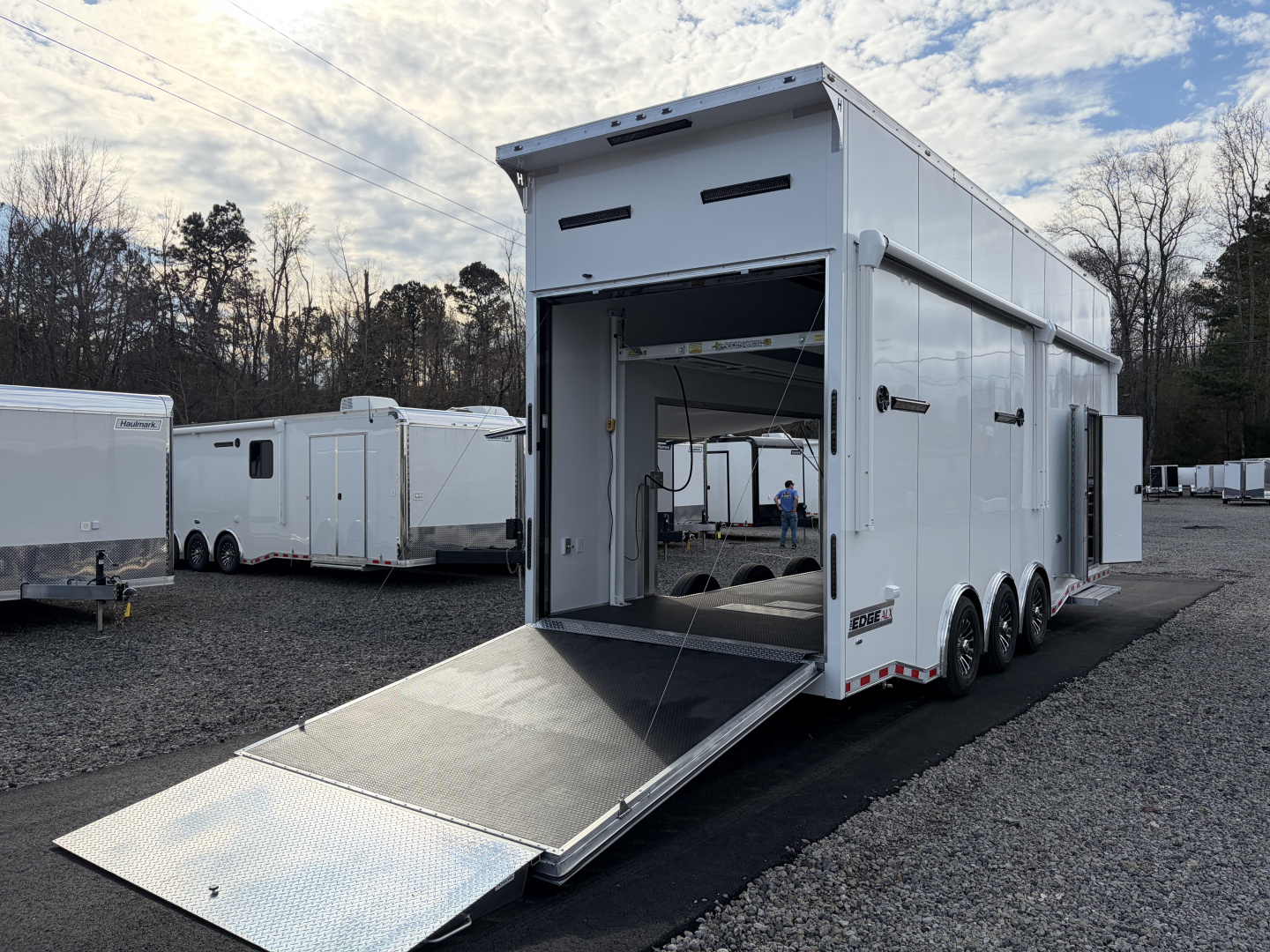 New 2026 Haulmark EDGE ALUMINUM 28 Stacker Race Trailer, Finished Race Interior, 21K GVWR, Awnings, Lift, Premium Escape Door