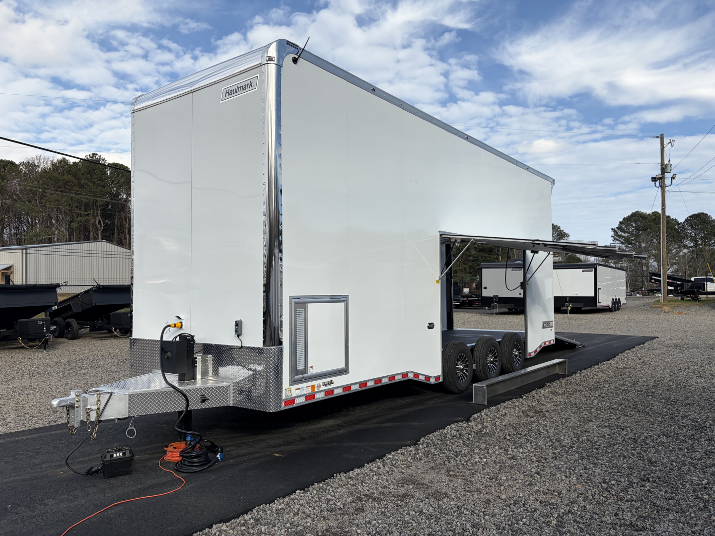 New 2026 Haulmark EDGE ALUMINUM 28 Stacker Race Trailer, Finished Race Interior, 21K GVWR, Awnings, Lift, Premium Escape Door