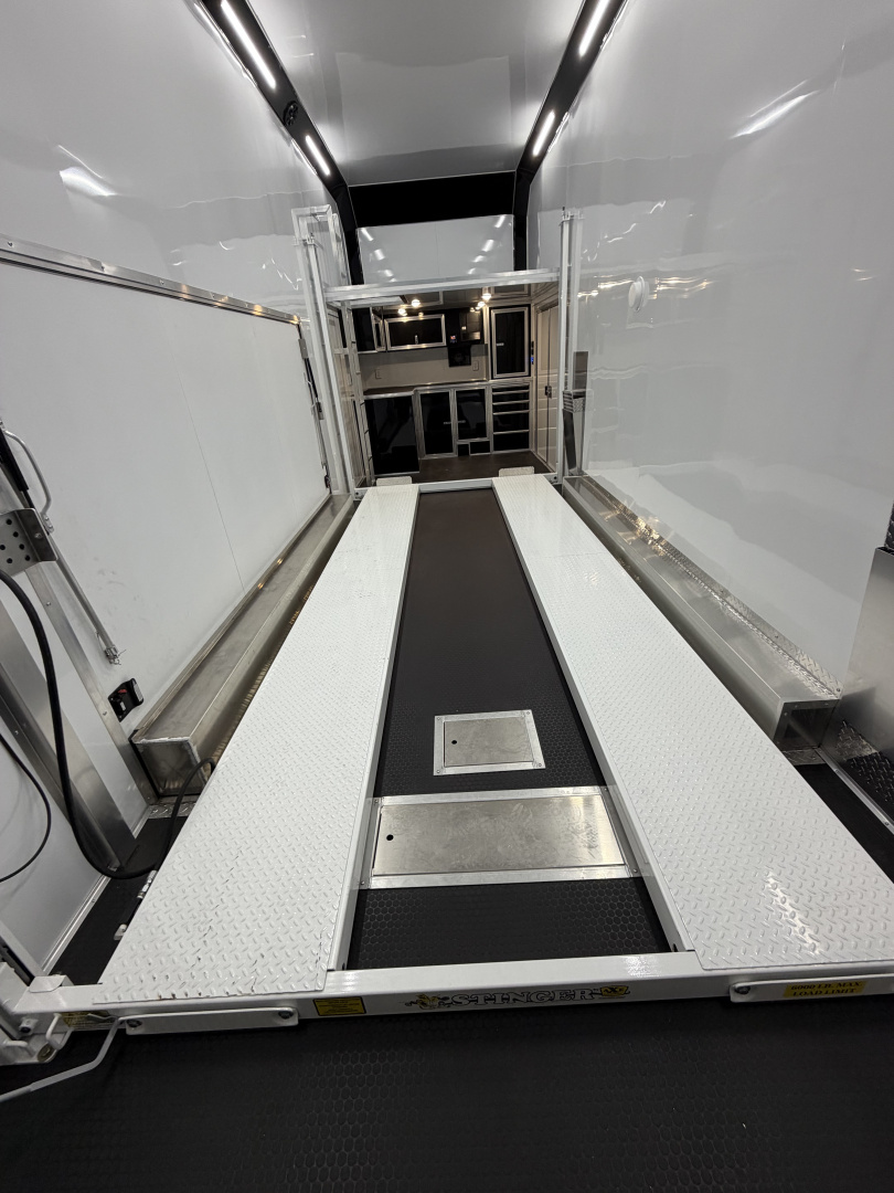 New 2026 Haulmark EDGE ALUMINUM 28 Stacker Race Trailer, Finished Race Interior, 21K GVWR, Awnings, Lift, Premium Escape Door