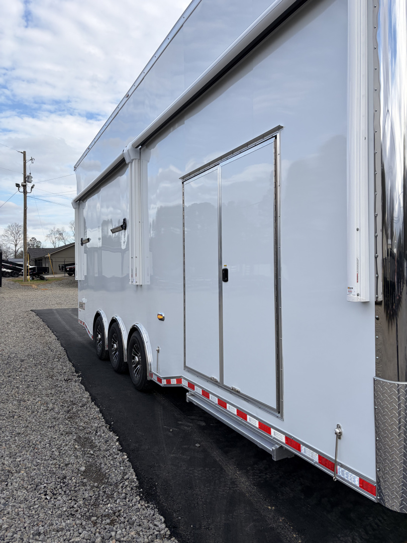 New 2026 Haulmark EDGE ALUMINUM 28 Stacker Race Trailer, Finished Race Interior, 21K GVWR, Awnings, Lift, Premium Escape Door