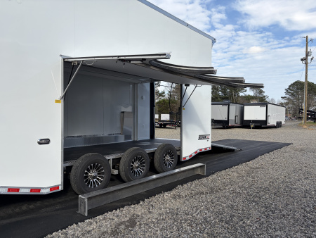 New 2026 Haulmark EDGE ALUMINUM 28 Stacker Race Trailer, Finished Race Interior, 21K GVWR, Awnings, Lift, Premium Escape Door