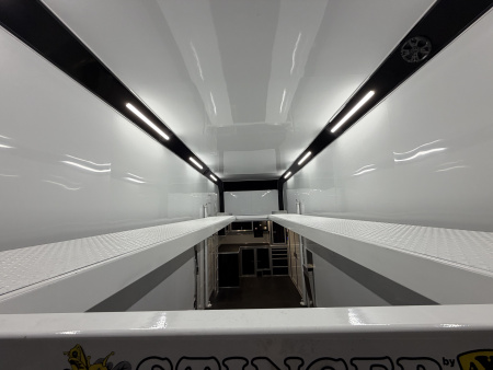 New 2026 Haulmark EDGE ALUMINUM 28 Stacker Race Trailer, Finished Race Interior, 21K GVWR, Awnings, Lift, Premium Escape Door