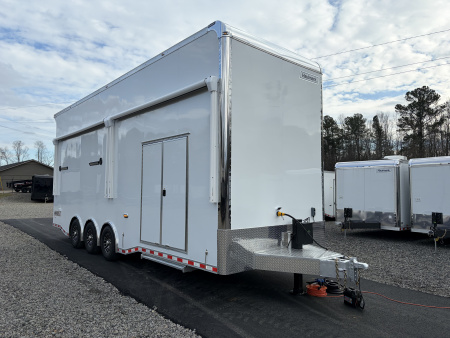New 2026 Haulmark EDGE ALUMINUM 28 Stacker Race Trailer, Finished Race Interior, 21K GVWR, Awnings, Lift, Premium Escape Door