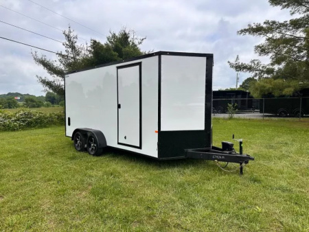 New 2025 Rock Solid Cargo 7X16 Enclosed Trailer-3500LB Tandem Axle-White Poly-Blackout