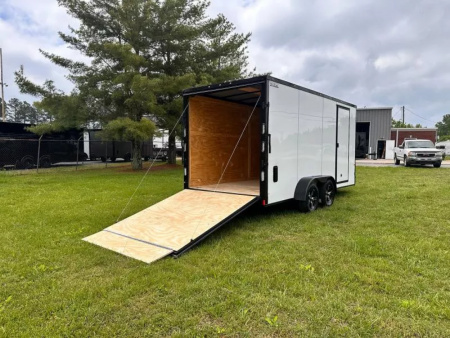 New 2025 Rock Solid Cargo 7X16 Enclosed Trailer-3500LB Tandem Axle-White Poly-Blackout
