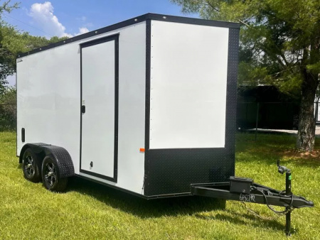 New 2025 Rock Solid Cargo 7X14-Enclosed Trailer- 3500LB Tandem Axle-White Poly-Blackout