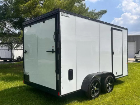 New 2025 Rock Solid Cargo 7X14-Enclosed Trailer- 3500LB Tandem Axle-White Poly-Blackout