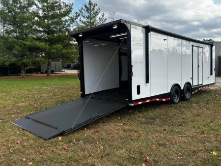 New 2026 Luxe 8.5x28 Race/Bathroom Trailer- Finished Interior-7000LB Torsion Axle - White Poly-Blackout