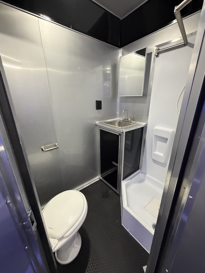 New 2026 Haulmark 34 Bathroom Race Trailer, Air Prep PKG, Awning, Polycor, Insulated, Window, 54" ALX Slide Out Step, A/C + Heat