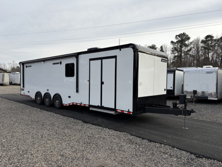New 2026 Haulmark 34 Bathroom Race Trailer, Air Prep PKG, Awning, Polycor, Insulated, Window, 54" ALX Slide Out Step, A/C + Heat