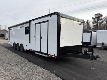 New 2026 Haulmark 34 Bathroom Race Trailer, Air Prep PKG, Awning, Polycor, Insulated, Window, 54" ALX Slide Out Step, A/C + Heat