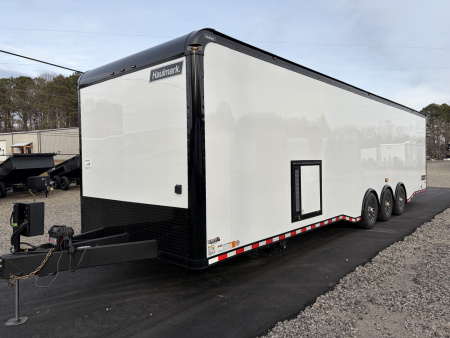 New 2026 Haulmark 34 Bathroom Race Trailer, Air Prep PKG, Awning, Polycor, Insulated, Window, 54" ALX Slide Out Step, A/C + Heat