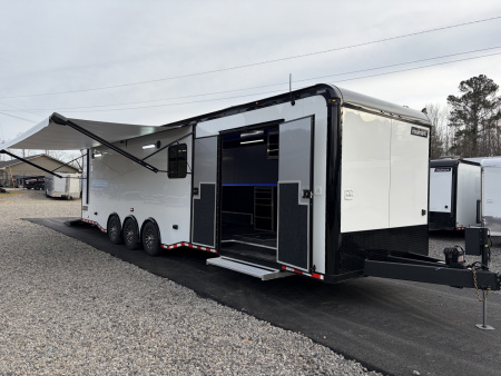 New 2026 Haulmark 34 Bathoom Race Trailer, Air Prep PKG, Awning, Polycor, Insulated, Window, 54  ALX Slide Out Step, A/C + Heat