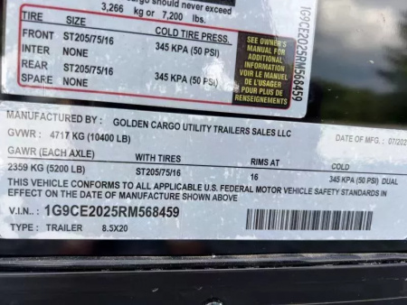 New 2026 Golden Cargo 8.5x20 TA  CAR HAULER 10K  Car / Racing Trailer