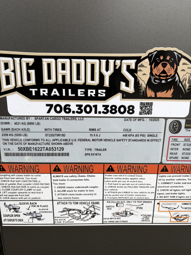 New 2026 Spartan Cargo 8.5x16 Enclosed Trailer, PRO SERIES, 10K GVWR, Polycor, 7' Interior. Tube Cross Members