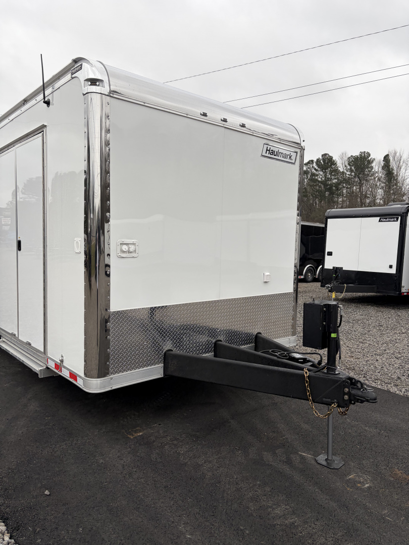 New 2026 Haulmark 34 Bathoom Race Trailer, Air Prep PKG, Awning, Polycor, Insulated, Window, 54" ALX Slide Out Step, A/C + Heat