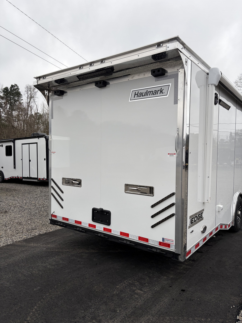 New 2026 Haulmark 34 Bathoom Race Trailer, Air Prep PKG, Awning, Polycor, Insulated, Window, 54" ALX Slide Out Step, A/C + Heat