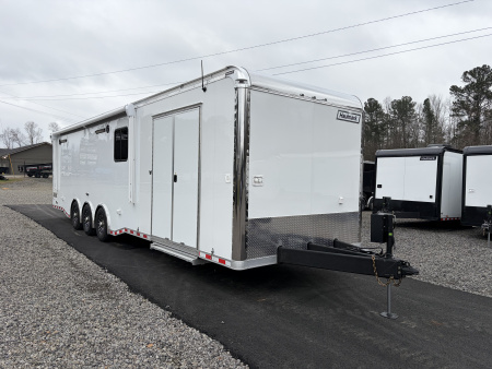 New 2026 Haulmark 34 Bathoom Race Trailer, Air Prep PKG, Awning, Polycor, Insulated, Window, 54" ALX Slide Out Step, A/C + Heat