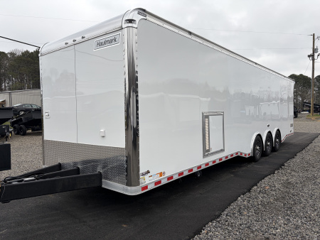 New 2026 Haulmark 34 Bathoom Race Trailer, Air Prep PKG, Awning, Polycor, Insulated, Window, 54" ALX Slide Out Step, A/C + Heat