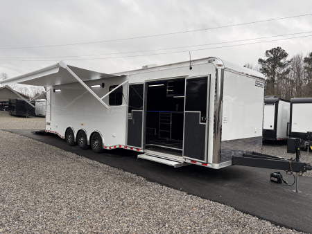 New 2026 Haulmark 34 Bathoom Race Trailer, Air Prep PKG, Awning, Polycor, Insulated, Window, 54  ALX Slide Out Step, A/C + Heat