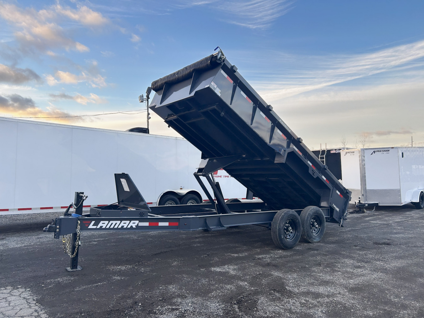 New 2026 Lamar Trailers 7 X 16 FT LOW PRO DUMP TRAILER W/ TARP KIT RAMPS 14K GVWR
