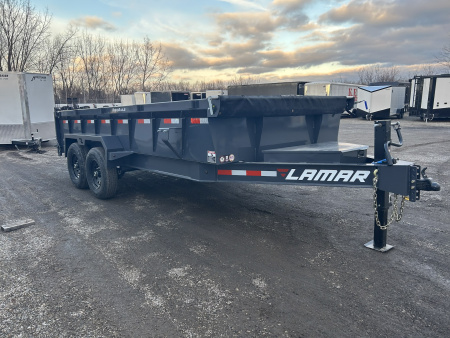 New 2026 Lamar Trailers 7 X 16 FT LOW PRO DUMP TRAILER W/ TARP KIT RAMPS 14K GVWR